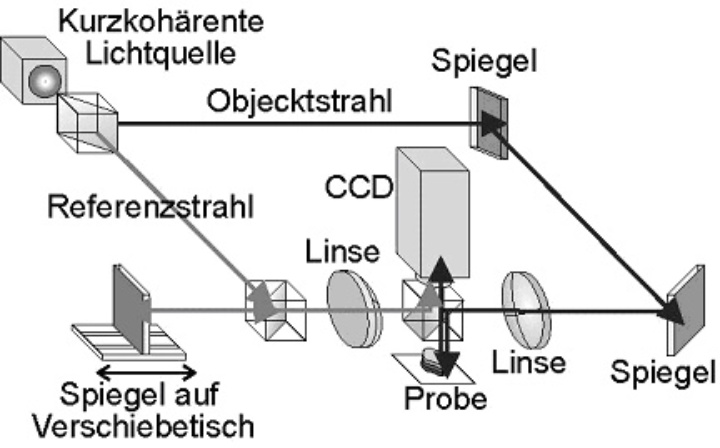 Abbildung 1. Optischer Aufbau für die digitale holographische Mikroskopie mit einem kurz-kohärenten Laser als Lichtquelle